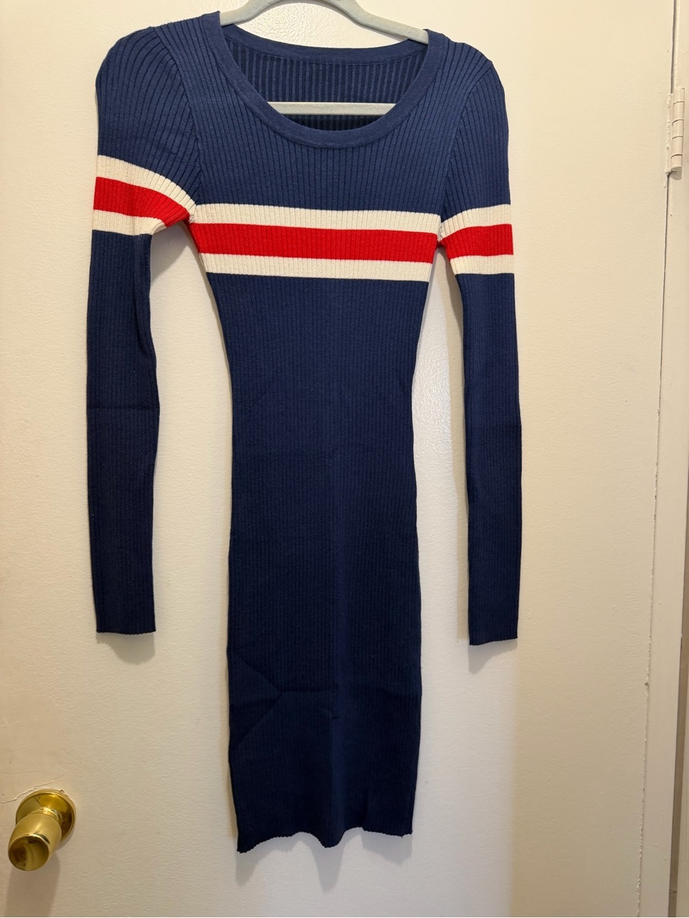 Ribbed Navy Long Sleeve Sweater Dress with Red & White Stripes